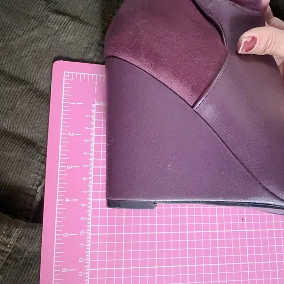 GUESS Burgundy Purple Mixed Media Buckled Strap Acora Point Toe Wedge dress Boot - Picture 12 of 13